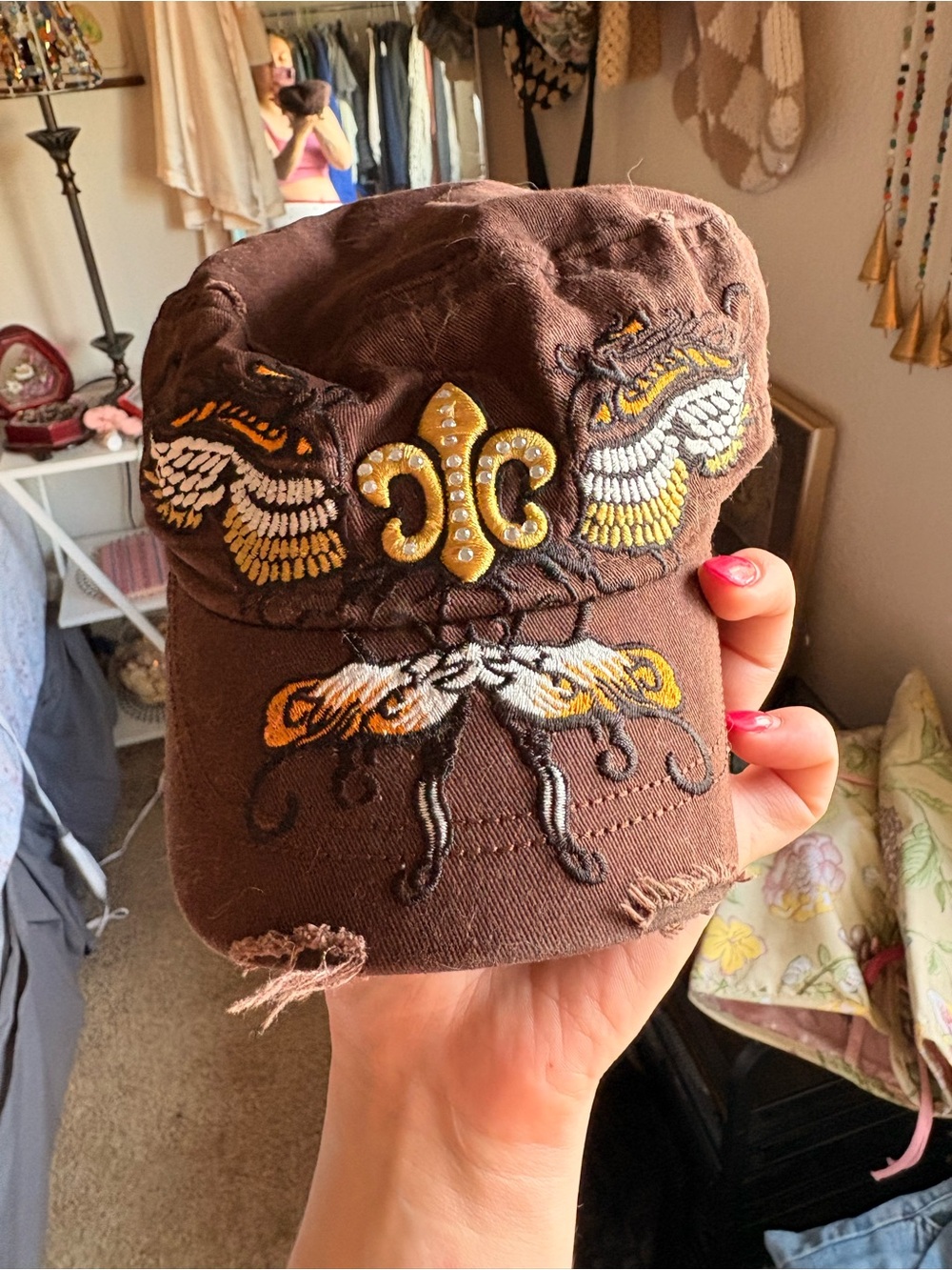 Leader/ L.O.G.A Women's Brown Embroidered Fleur-de-Lis Military Cap